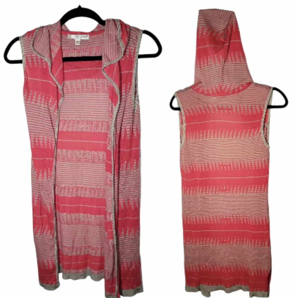 SAY WHAT - Sz Small Red Tan Tribal Print Long Open Duster Cardigan Hooded S…